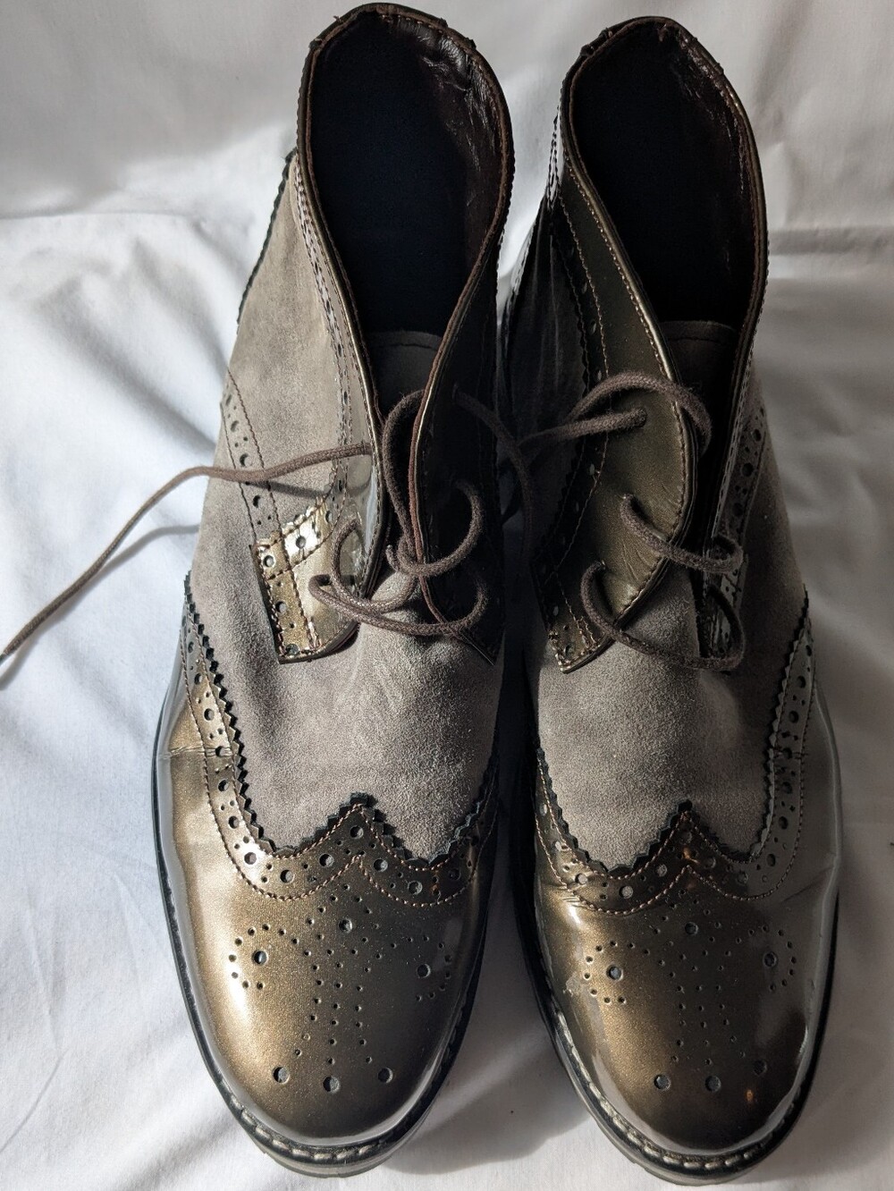 Metallic Leather Brogue Wingtip Chukka Boots Suede Panel Lug Sole EU 39 / 8.5